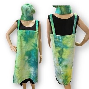 Tie Dye large Japanese wrap around apron with matching toque chef's hat green